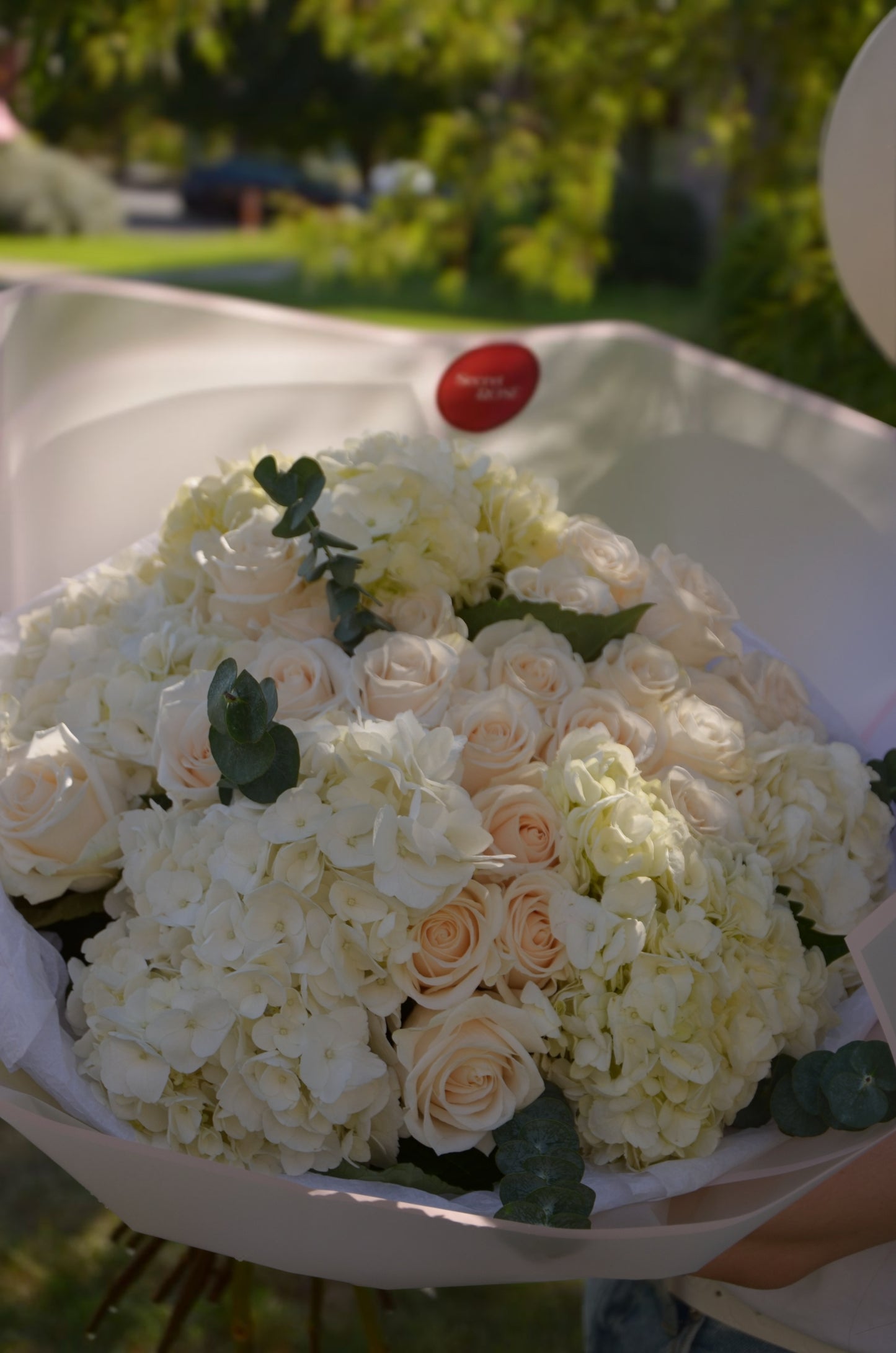 A bouquet of beige roses and white hydrangeas.