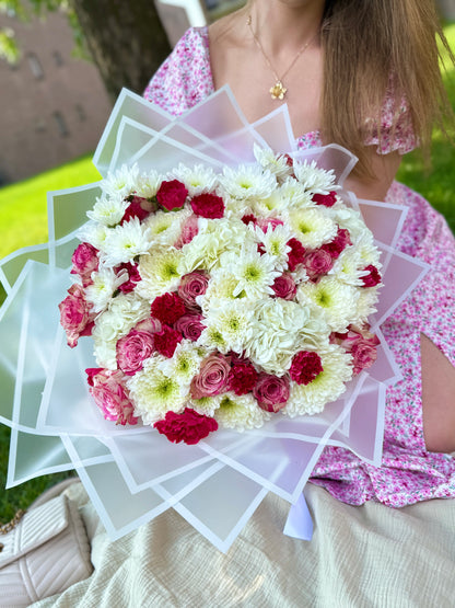 A bouquet of roses, hydrangeas, chrysanthemums and carnations